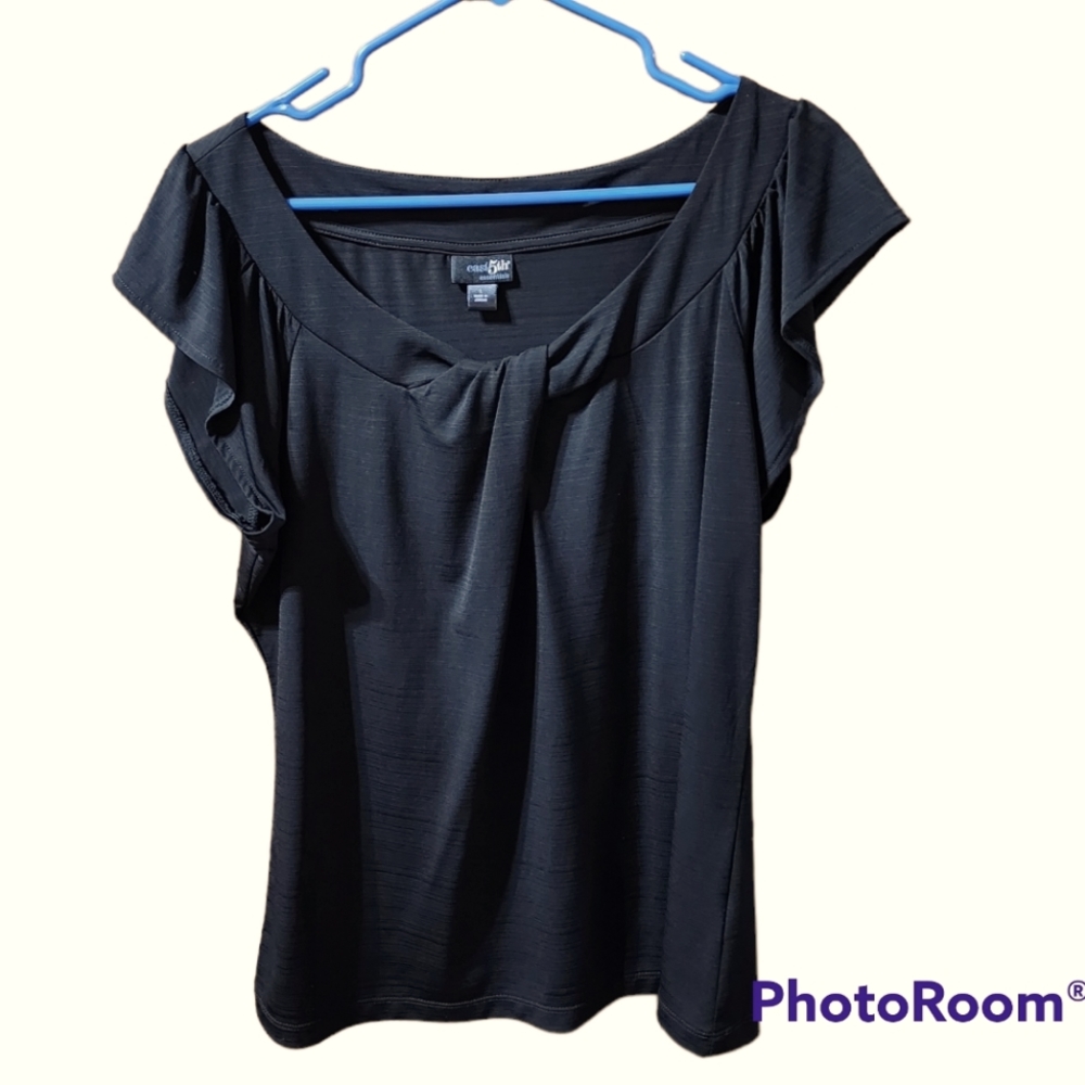 East 5th Essentials Black Blouse Ruffle Sleeve Faux Knot Neckline Size L